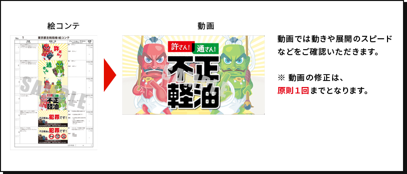 動画では動きや展開のスピードなどをご確認いただきます。※動画の修正は原則1回までとなります。