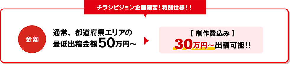 チラシビジョン企画限定!特別仕様!!通常、都道府県エリアの最低出稿金額は50万円~ですが、制作費込みで30万円~出稿可能!!
